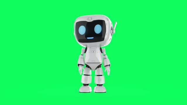 Cute and small artificial intelligence assistant robot with cartoon character look around isolated on green screen video 4k