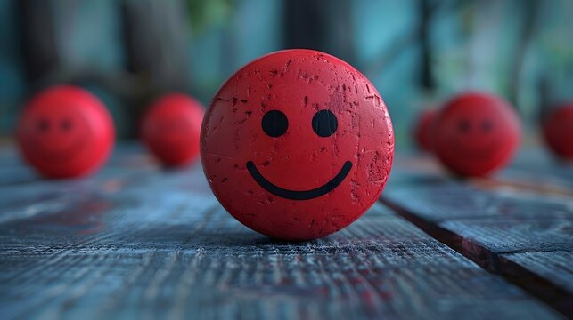 Close-up of a weathered red ball with a smiley face, standing out against blurred counterparts on a rustic wooden table.