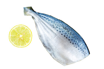 Ready-to-cook raw fresh pompano fish with lemon slice isolated on a white background. Top view
