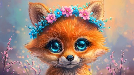 Fototapeta premium Realistic illustration of a cute fox cub with big blue eyes wearing a spring wreath of flowers on his head in spring style