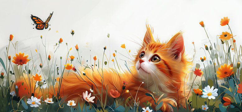 A cute red kitten lies in the grass in a clearing among flowers and plays with a butterfly. Illustration of a funny playful cat. Greeting card with place for text, cover for children's book