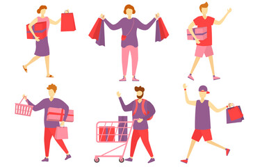 Collection of people carrying shopping bags. Men and women taking part in seasonal sales in a store, store, shopping center. Cartoon characters isolated on white background. Flat vector illustration.