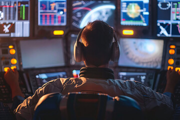 Pilot in Spacecraft Cockpit with Futuristic Controls
 - obrazy, fototapety, plakaty
