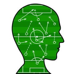 Silhouette of a human head with a drawn scheme and soccer game tactics. Isolated on white background. Stock vector mockup