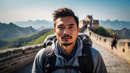 Photo real for Solo traveler at the Great Wall of China in Backpack traveling theme ,Full depth of field, clean bright tone, high quality ,include copy space, No noise, creative idea