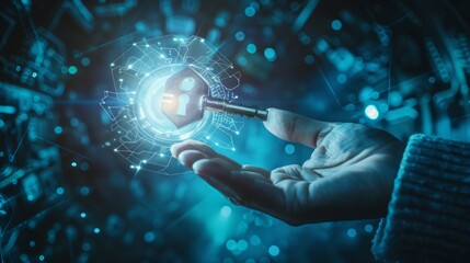 An ethereal hand presents a glowing digital key in a surreal 3D environment, symbolizing cyber-security, digital access, and the unlocking of virtual potentials.