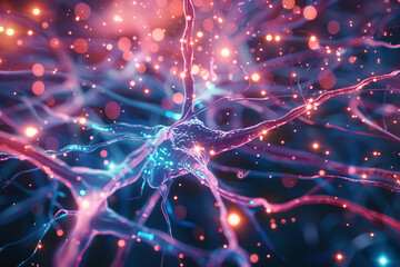 Blue neurons interconnected with bright sparks - obrazy, fototapety, plakaty