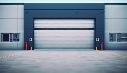 A blue garage door with a telephone booth in front of it - obrazy, fototapety, plakaty
