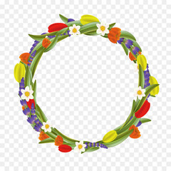 Wreath of spring flowers. Frame isolated on transparent background. Stock vector mockup