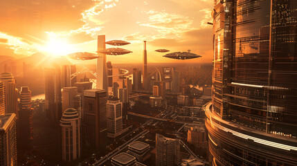 Fototapeta premium a futuristic cityscape, with towering skyscrapers and flying cars