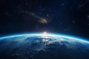 Fototapeta na wymiar Surface of Earth planet in deep space. Outer dark space wallpaper. Night on planet with cities lights. View from orbit. Elements of this image furnished by NASA - generative ai