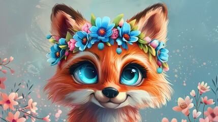 Fototapeta premium Realistic illustration of a cute fox cub with big blue eyes wearing a spring wreath of flowers on his head in spring style