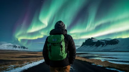  Photo real for Traveler gazing at the Northern Lights in Iceland in Backpack traveling theme ,Full depth of field, clean bright tone, high quality ,include copy space, No noise, creative idea © Gohgah