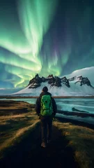 Outdoor kussens Photo real for Traveler gazing at the Northern Lights in Iceland in Backpack traveling theme ,Full depth of field, clean bright tone, high quality ,include copy space, No noise, creative idea © Gohgah