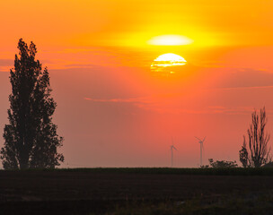 Sunrise over wind turbines in the distance beyond a farm field