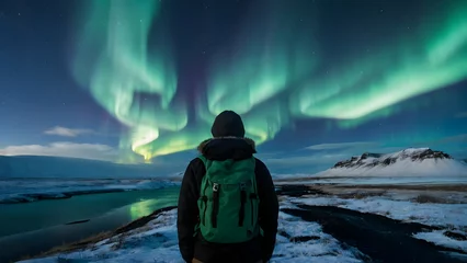 Fototapete Rund Photo real for Traveler gazing at the Northern Lights in Iceland in Backpack traveling theme ,Full depth of field, clean bright tone, high quality ,include copy space, No noise, creative idea © Gohgah