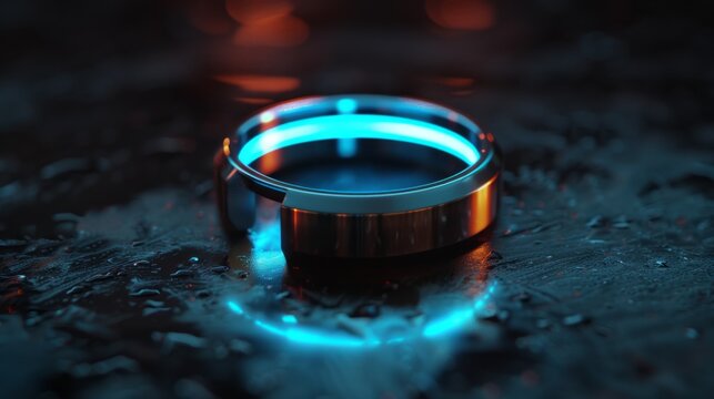 This 3D animation captures a futuristic, smart ring illuminated amidst a rain-soaked surface, its orange and blue neon glow reflecting technological elegance and waterproof resilience.