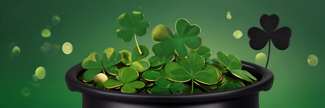 Black pot full of gold coins and shamrock leaves. Plain abstract green background for design, banner, 