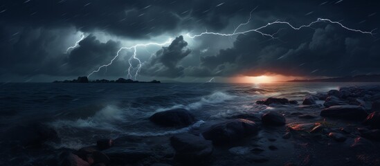 A dramatic lightning storm illuminates the night sky over the ocean, creating a mesmerizing display of light and power in the atmospheric atmosphere - obrazy, fototapety, plakaty