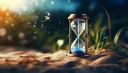 Foto op Canvas A sand timer is sitting on the beach with a shell next to it © terra.incognita