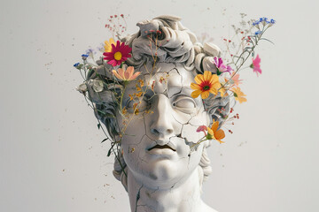Ancient broken Statue Head with flowers - obrazy, fototapety, plakaty