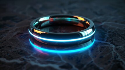 This 3D animation captures a futuristic, smart ring illuminated amidst a rain-soaked surface, its orange and blue neon glow reflecting technological elegance and waterproof resilience. - obrazy, fototapety, plakaty