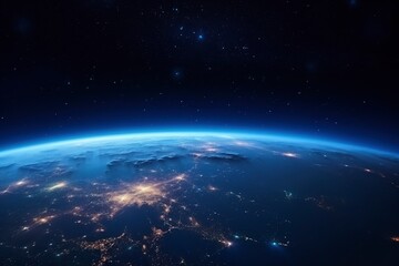 Fototapeta na wymiar Surface of Earth planet in deep space. Outer dark space wallpaper. Night on planet with cities lights. View from orbit. Elements of this image furnished by NASA - generative ai