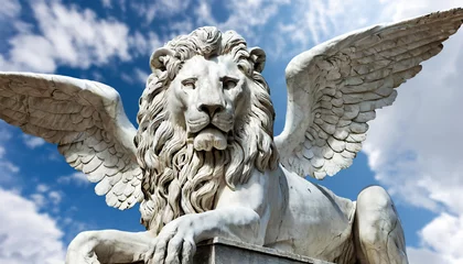 Foto op Aluminium Close-up and bottom view of the marble statue of the Winged Lion of Saint Mark, symbol of the evangelist, the Venetian Republic and the Veneto Region. Generative Ai. © Alberto Masnovo