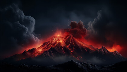 A volcano erupts in the sky with a dark background - obrazy, fototapety, plakaty