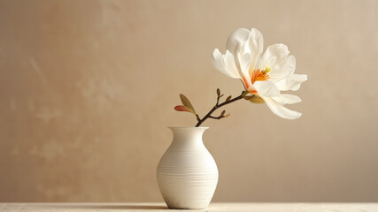 Single Magnolia Flower in White Vase.