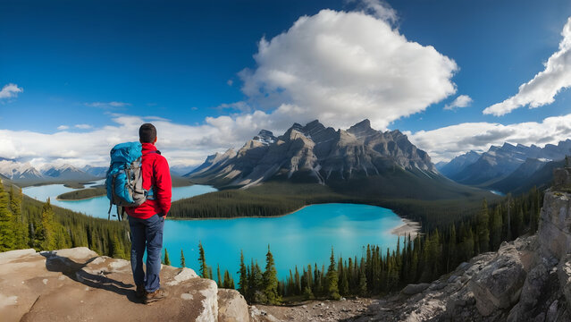 Photo real for Traveler with backpack at Banff National Park, Canada in Backpack traveling theme ,Full depth of field, clean bright tone, high quality ,include copy space, No noise, creative idea