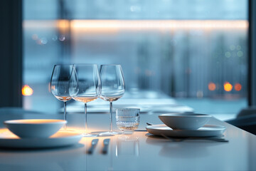 Sophisticated Dining with City View. - obrazy, fototapety, plakaty