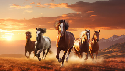 Four horses running in a field with a beautiful sunset in the background