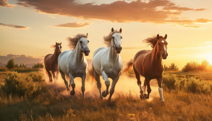 Four horses running in a field with a beautiful sunset in the background