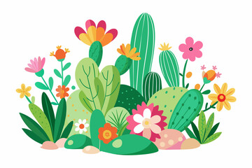 cartoon illustration, white background with cactuses and floral elements, copy space