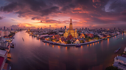 A panoramic view of Wat Arun temple at sunset in Bangkok, Thailand with the river and city in the...