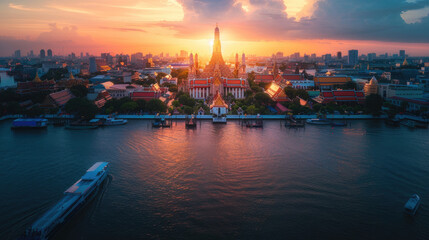 A panoramic view of Wat Arun temple at sunset in Bangkok, Thailand with the river and city in the...