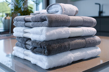 Neatly Stacked Towels in Soft Neutral Tones.