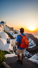 Photo real for Traveler with backpack watching sunset in Santorini, Greece in Backpack traveling...