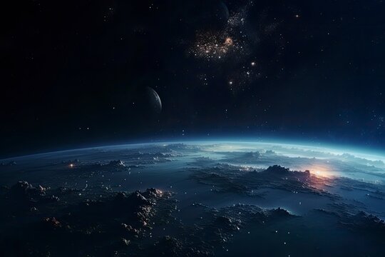 Surface of Earth planet in deep space. Outer dark space wallpaper. Night on planet with cities lights. View from orbit. Elements of this image furnished by NASA - generative ai