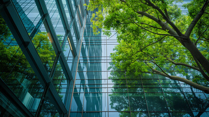 Eco-friendly building in the modern city. Sustainable glass office building with tree