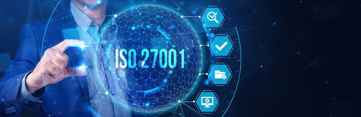 ISO 27001 Standard certification standardisation quality control concept on screen.