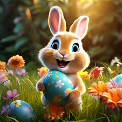 "Cheerful Easter Bunny: 3D Animation Featuring Flowers, Eggs, and Joy"
