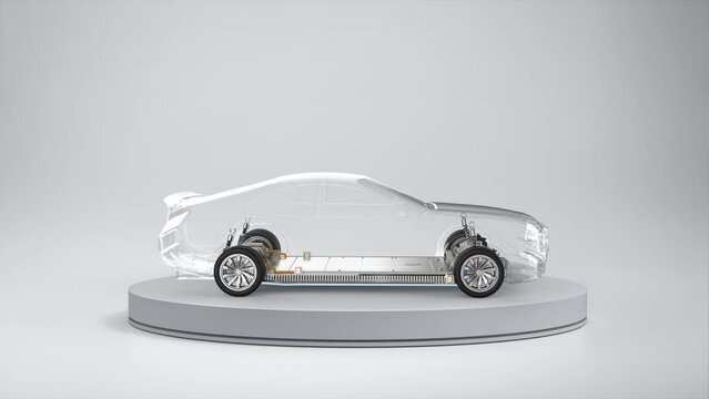 Ev car or electric vehicle with pack of battery cells module on platform video 4k