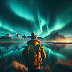 Photo real for Traveler gazing at the Northern Lights in Iceland in Backpack traveling theme ,Full depth of field, clean bright tone, high quality ,include copy space, No noise, creative idea - obrazy, fototapety, plakaty