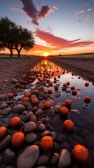 Obraz premium A fiery sunset over a serene prairie. Natural Landscape 