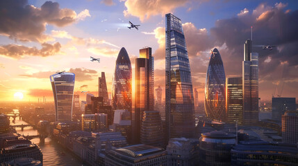 a futuristic cityscape, with towering skyscrapers and flying cars - obrazy, fototapety, plakaty