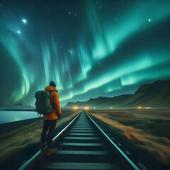 Photo real for Traveler gazing at the Northern Lights in Iceland in Backpack traveling theme ,Full depth of field, clean bright tone, high quality ,include copy space, No noise, creative idea - obrazy, fototapety, plakaty
