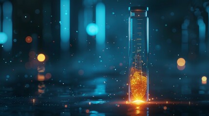A glowing test tube with a golden substance illuminated in a dark laboratory setting, representing scientific research, chemical analysis, and the quest for knowledge. - obrazy, fototapety, plakaty