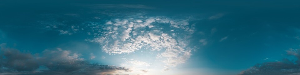 Bright sunset sky panorama with glowing red pink Cumulus clouds. HDR 360 seamless spherical panorama. Sky dome or zenith in 3D, sky replacement for aerial drone panoramas. Climate and weather change.